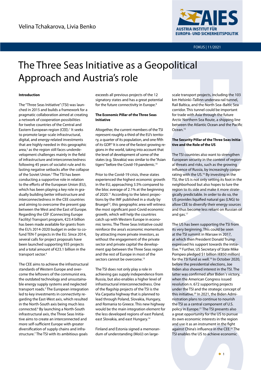 The Three Seas Initiative As a Geopolitical Approach and Austria's