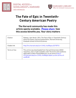 The Fate of Epic in Twentieth- Century American Poetry