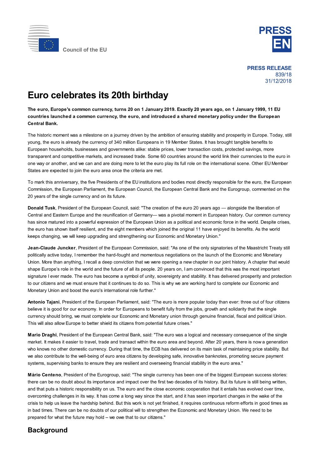 Euro Celebrates Its 20Th Birthday