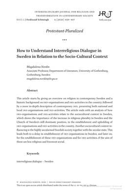Protestant-Pluralized How to Understand Interreligious Dialogue in Sweden in Relation to the Socio-Cultural Context