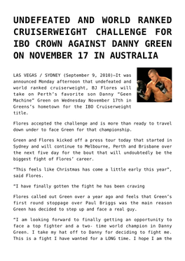 Undefeated and World Ranked Cruiserweight Challenge for Ibo Crown Against Danny Green on November 17 in Australia