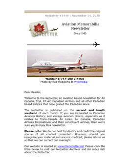 Netletter #1449 | November 14, 2020 Wardair B-747-100 C-FTOB Photo