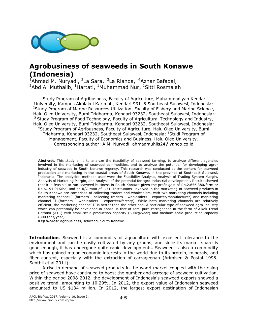 Agrobusiness of Seaweeds in South Konawe (Indonesia) 1Ahmad M