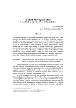 Interfaith Marriages in Islam: a Case Study of Christian Wives of Muslim Rulers