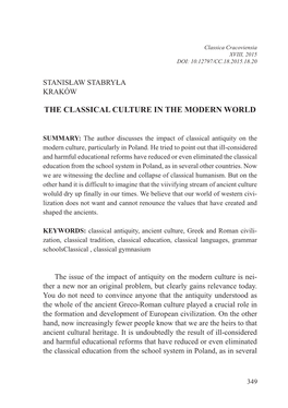 The Classical Culture in the Modern World