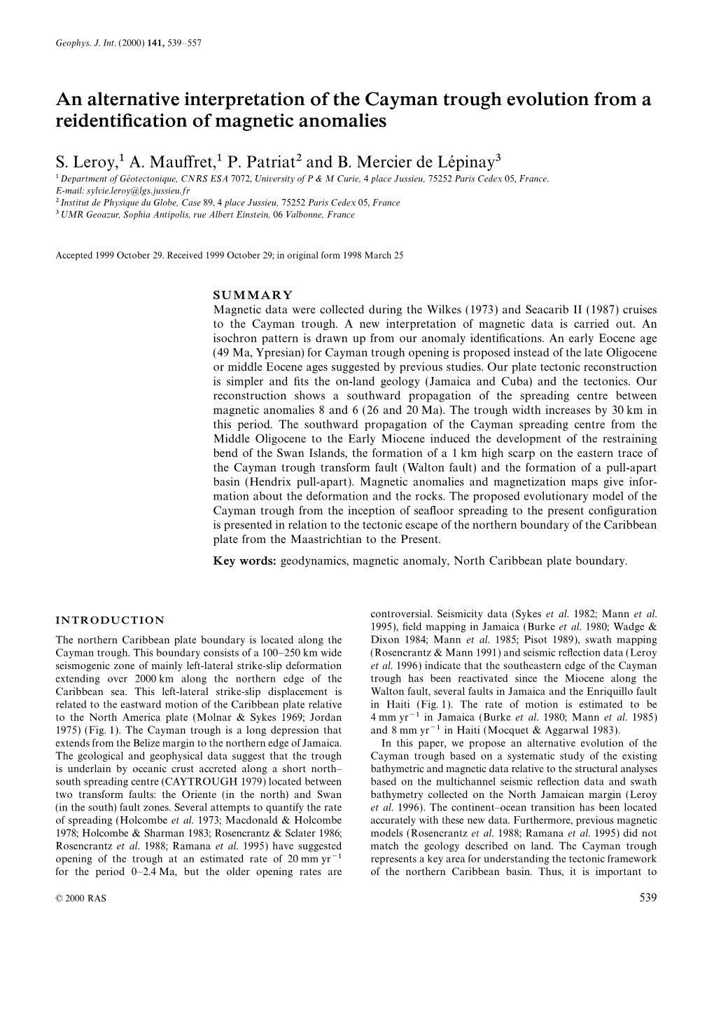 An Alternative Interpretation of the Cayman Trough Evolution from a Reidentiﬁcation of Magnetic Anomalies