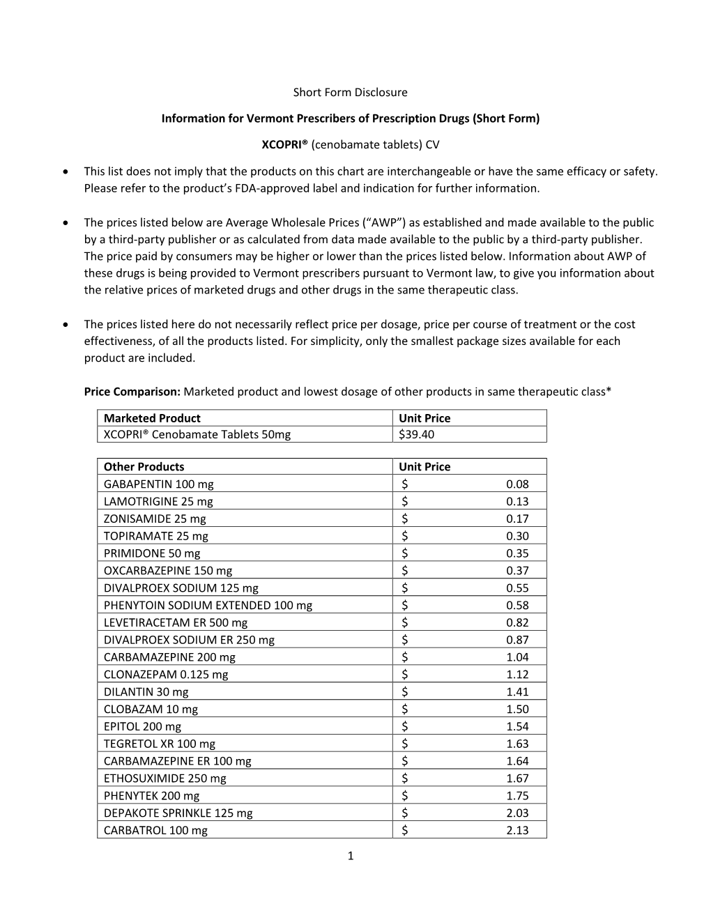 (Short Form) XCOPRI® (Cenobamate Tablets) CV