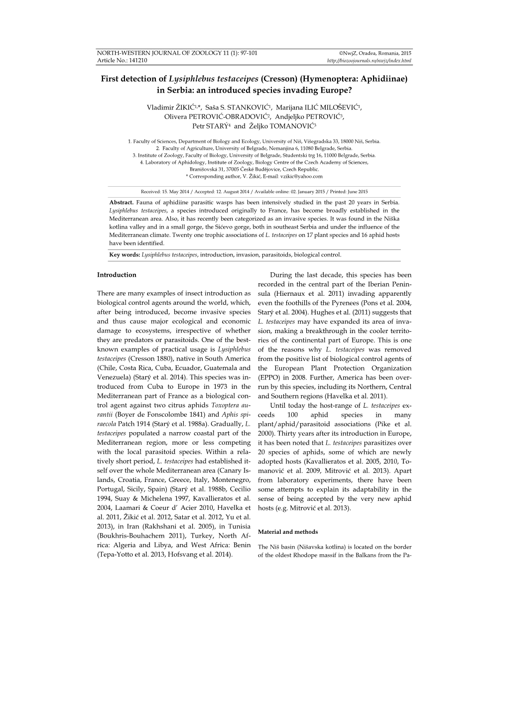 First Detection of Lysiphlebus Testaceipes (Cresson) (Hymenoptera: Aphidiinae) in Serbia: an Introduced Species Invading Europe?