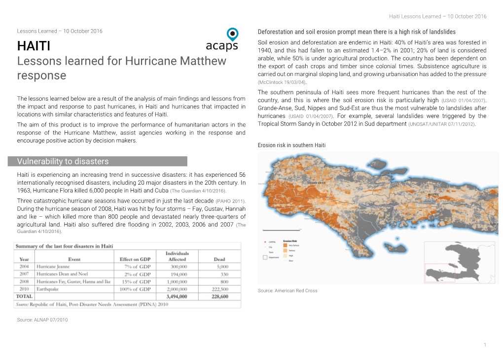 Lessons Learned for Hurricane Matthew Response