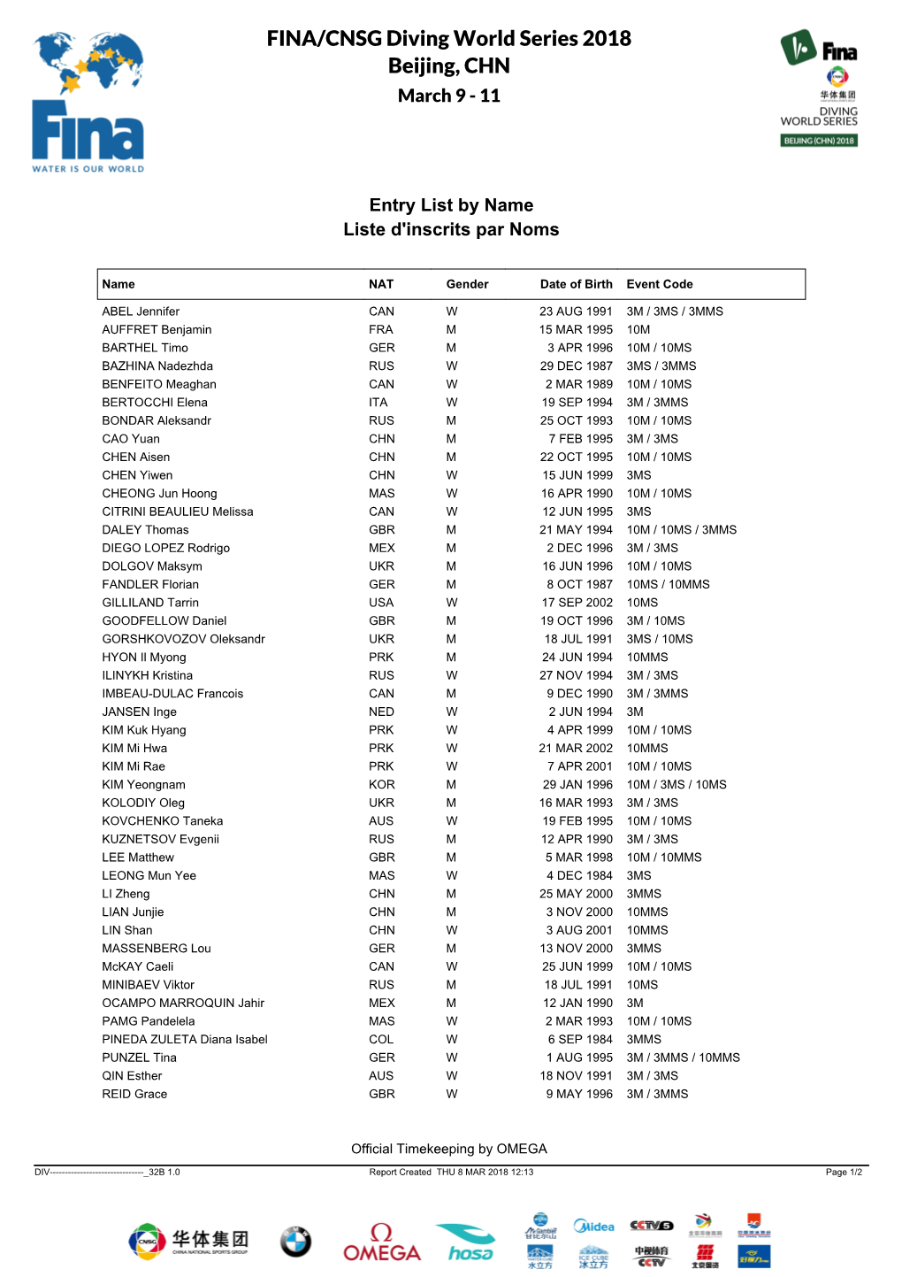 FINA/CNSG Diving World Series 2018 Beijing, CHN March 9 - 11