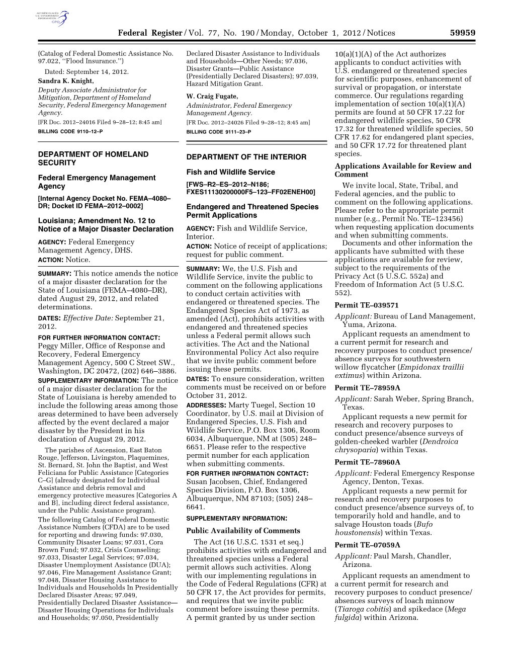 Federal Register/Vol. 77, No. 190/Monday, October 1, 2012/Notices