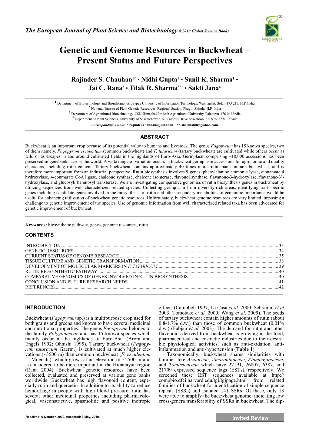 Genetic and Genome Resources in Buckwheat – Present Status and Future Perspectives