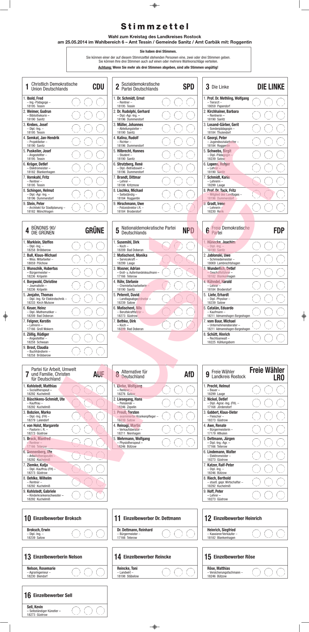 Stimmzettel Wahl Zum Kreistag Des Landkreises Rostock Am 25.05.2014 Im Wahlbereich 6 – Amt Tessin / Gemeinde Sanitz / Amt Carbäk Mit: Roggentin