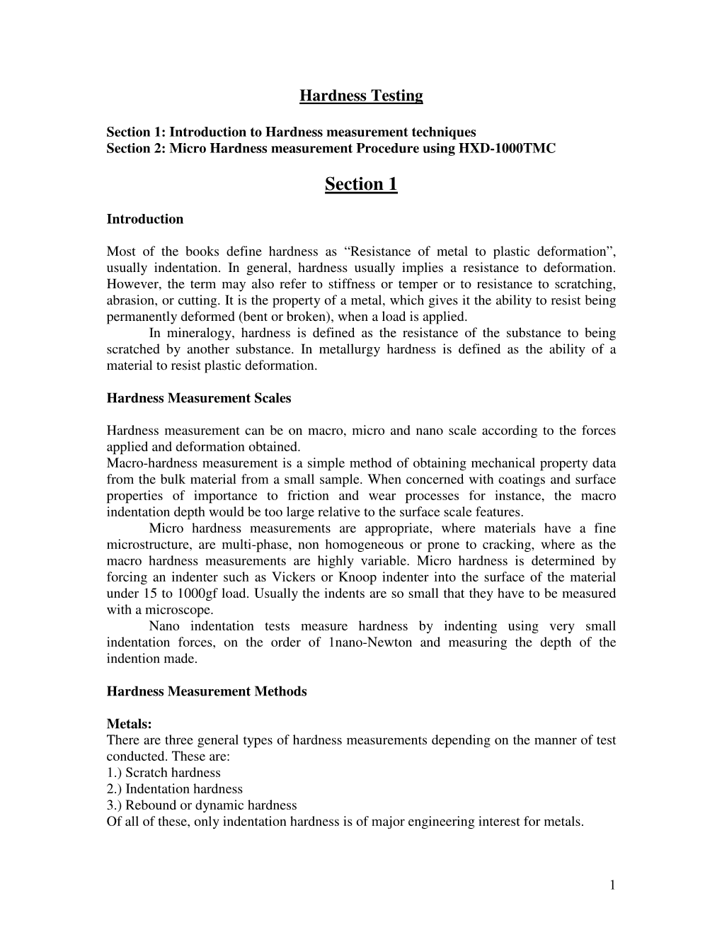 Section 1: Introduction to Hardness Measurement Techniques Section 2: Micro Hardness Measurement Procedure Using HXD-1000TMC