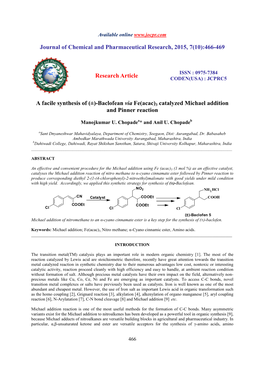 Baclofean Via Fe(Acac)3 Catalyzed Michael Addition and Pinner Reaction