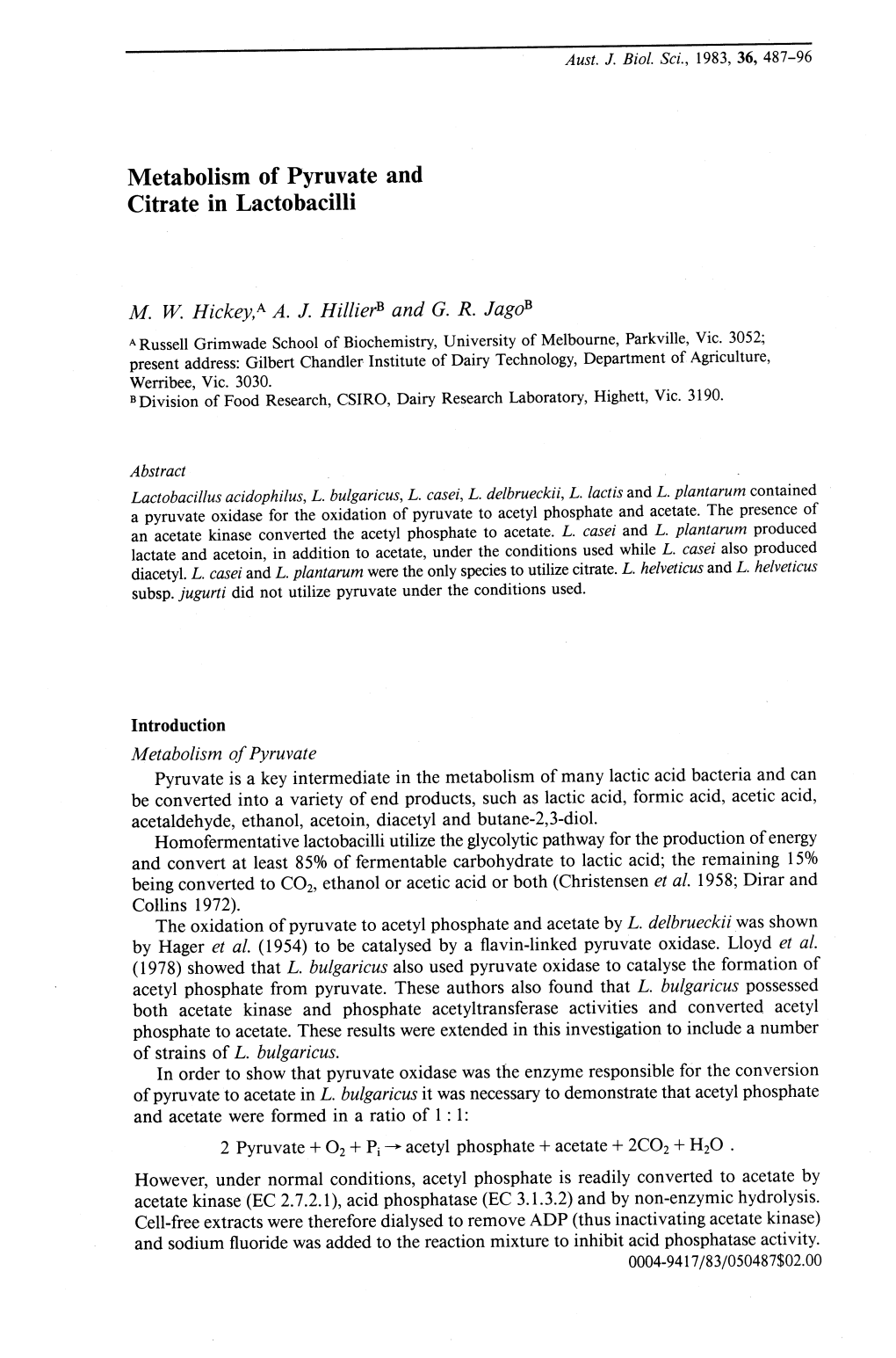 Metabolism of Pyruvate and Citrate in Lactobacilli