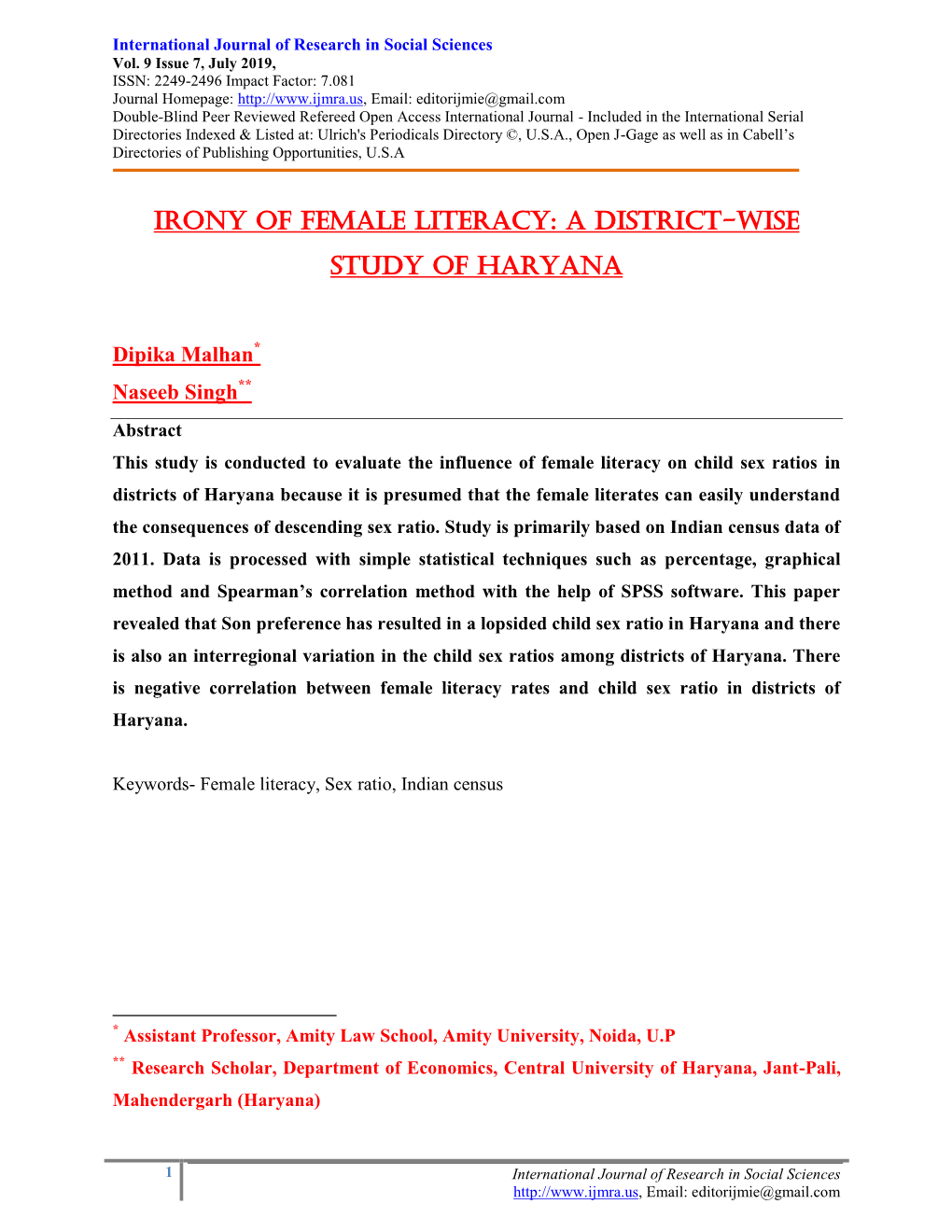 Irony of Female Literacy: a District-Wise Study of Haryana
