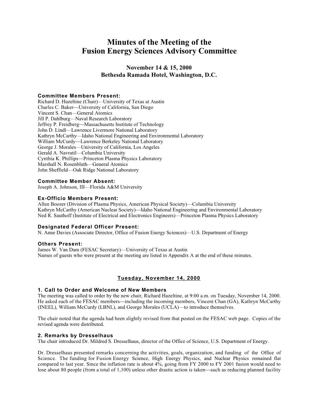 Minutes of the Meeting of the Fusion Energy Sciences Advisory Committee