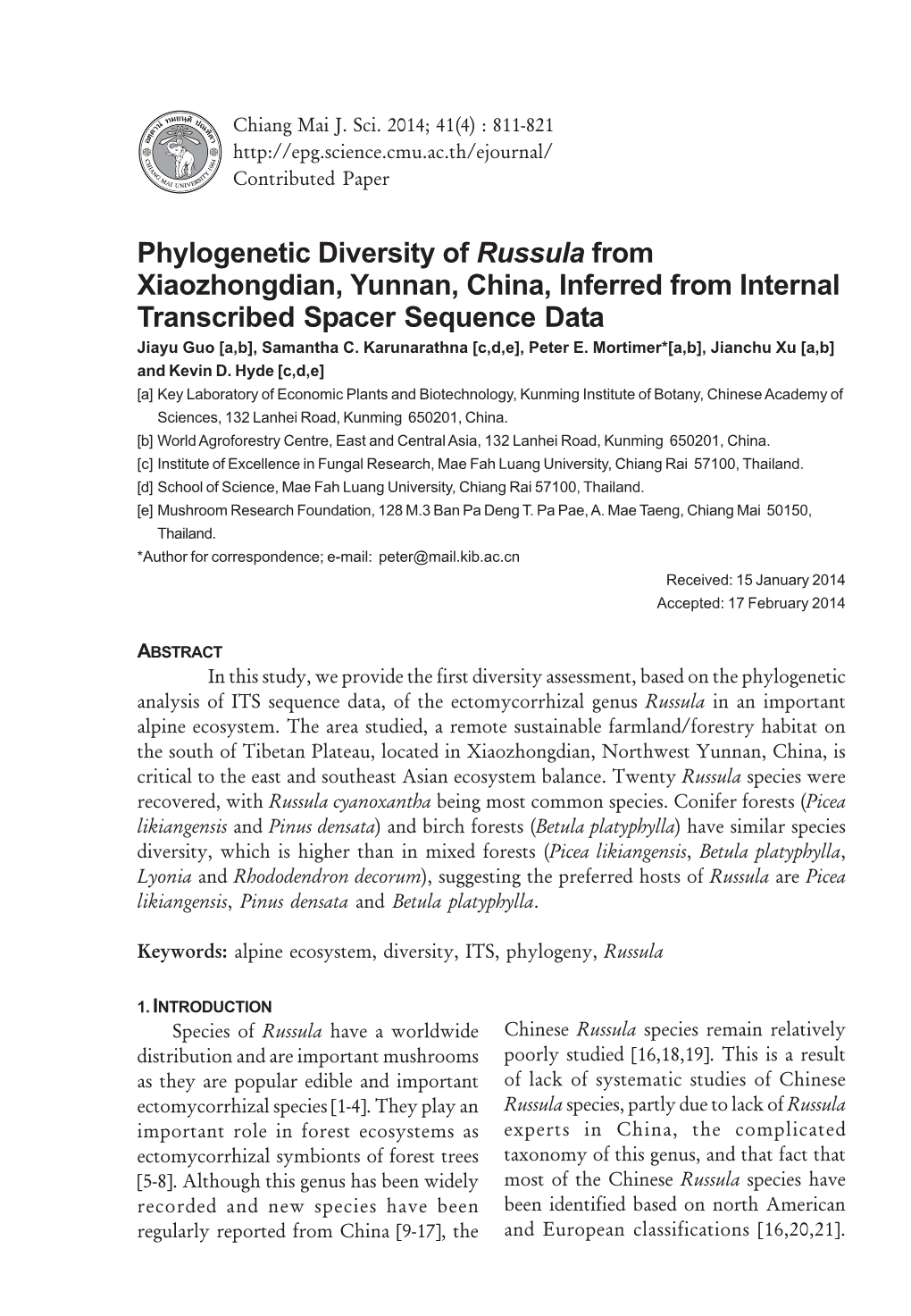 Phylogenetic Diversity of Russula from Xiaozhongdian, Yunnan, China, Inferred from Internal Transcribed Spacer Sequence Data Jiayu Guo [A,B], Samantha C