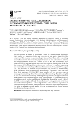 Research Article EMERGING CHYTRID FUNGAL PATHOGEN, BATRACHOCHYTRIUM DENDROBATIDIS, in ZOO AMPHIBIANS in THAILAND