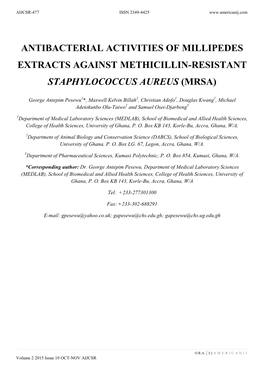 Antibacterial Activities of Millipedes Extracts Against Methicillin-Resistant Staphylococcus Aureus (Mrsa)