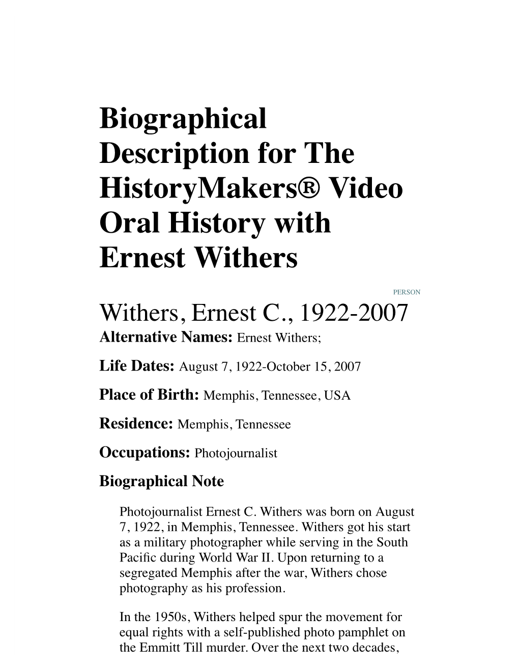 Biographical Description for the Historymakers® Video Oral History with Ernest Withers