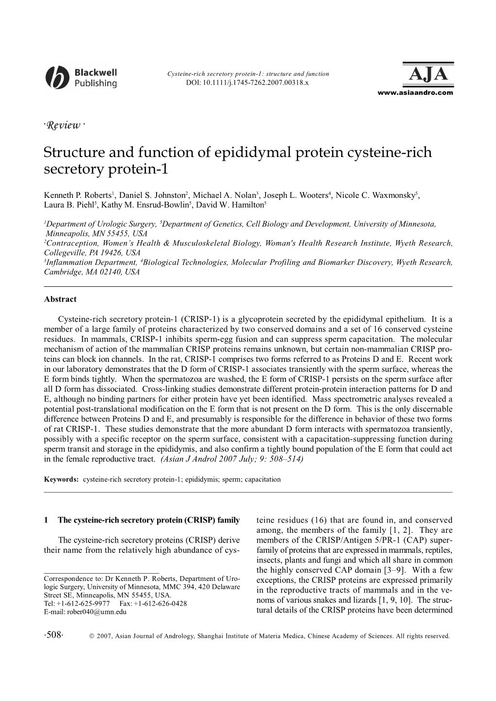 Structure and Function of Epididymal Protein Cysteine-Rich Secretory Protein-1