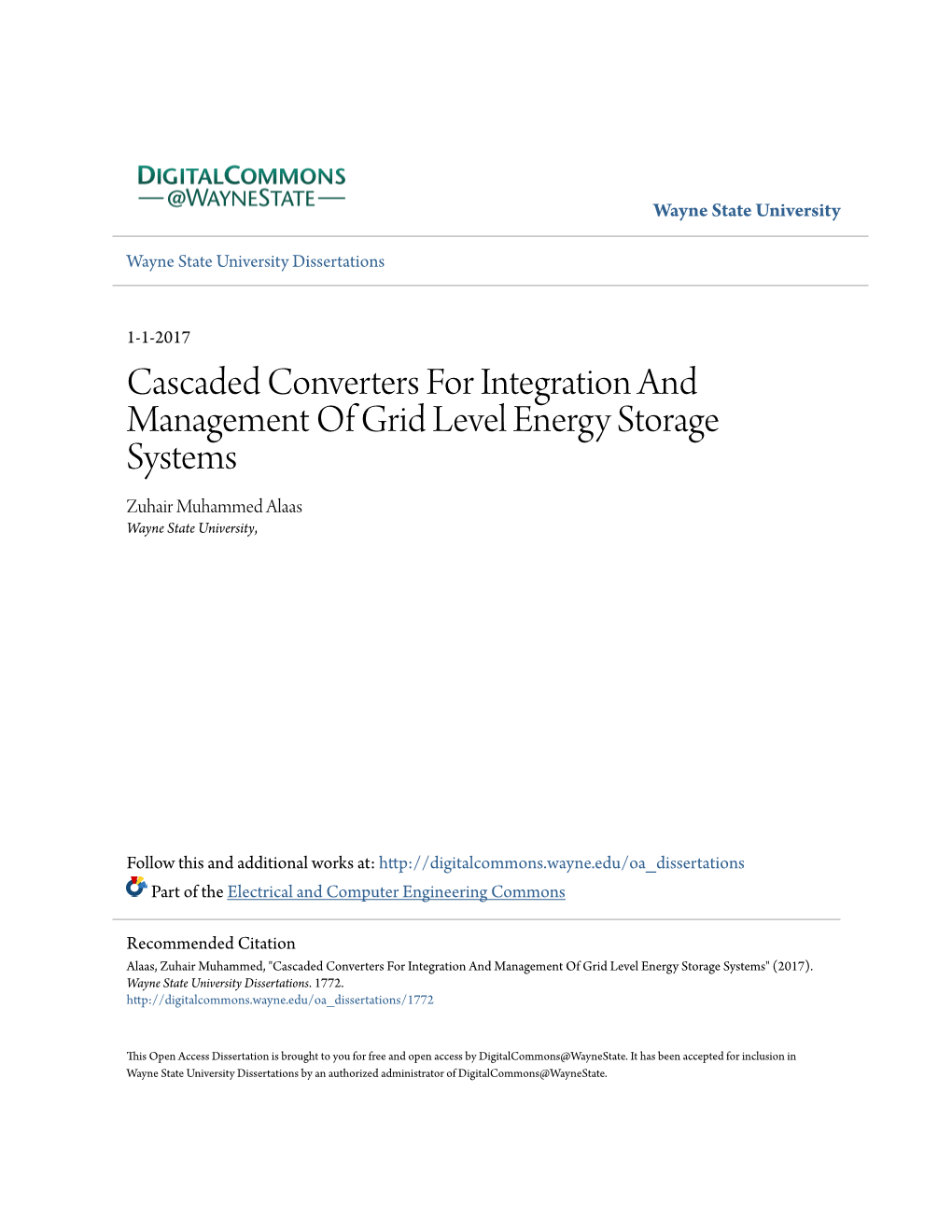 Cascaded Converters for Integration and Management of Grid Level Energy Storage Systems Zuhair Muhammed Alaas Wayne State University