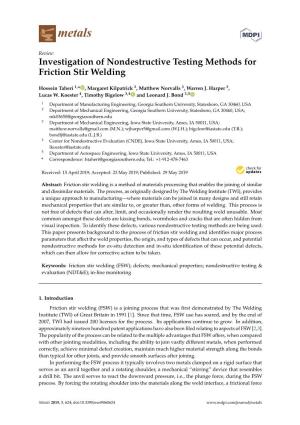 Investigation of Nondestructive Testing Methods for Friction Stir Welding