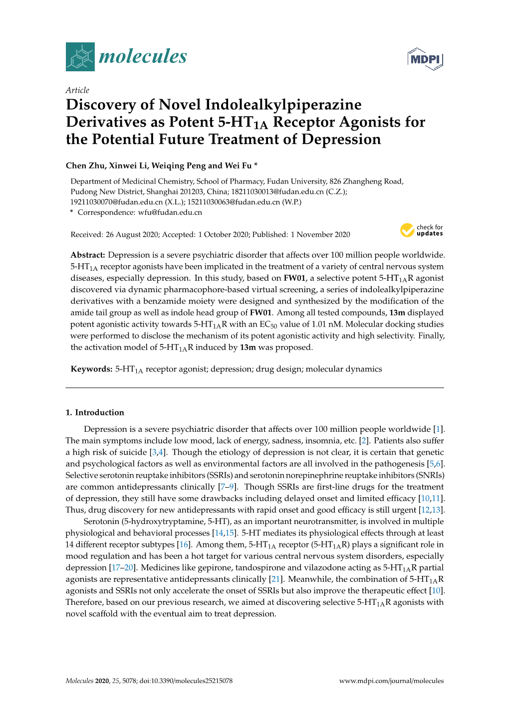 Discovery of Novel Indolealkylpiperazine Derivatives As Potent 5-HT1A Receptor Agonists for the Potential Future Treatment of Depression