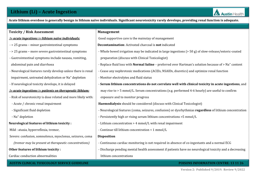 Lithium (Li) – Acute Ingestion