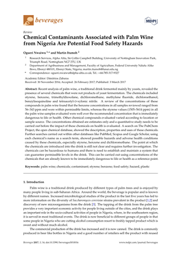 Chemical Contaminants Associated with Palm Wine from Nigeria Are Potential Food Safety Hazards
