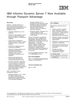 IBM Informix Dynamic Server 7 Now Available Through Passport Advantage