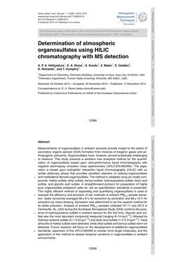 Determination of Atmospheric Organosulfates Using HILIC Chromatography with MS Detection A