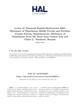 Dictionary of Manichaean Middle Persian and Parthian [Corpus Fontum Manichaeorum: Dictionary of Manichaean Texts III: Texts from Central Asia and China 1]