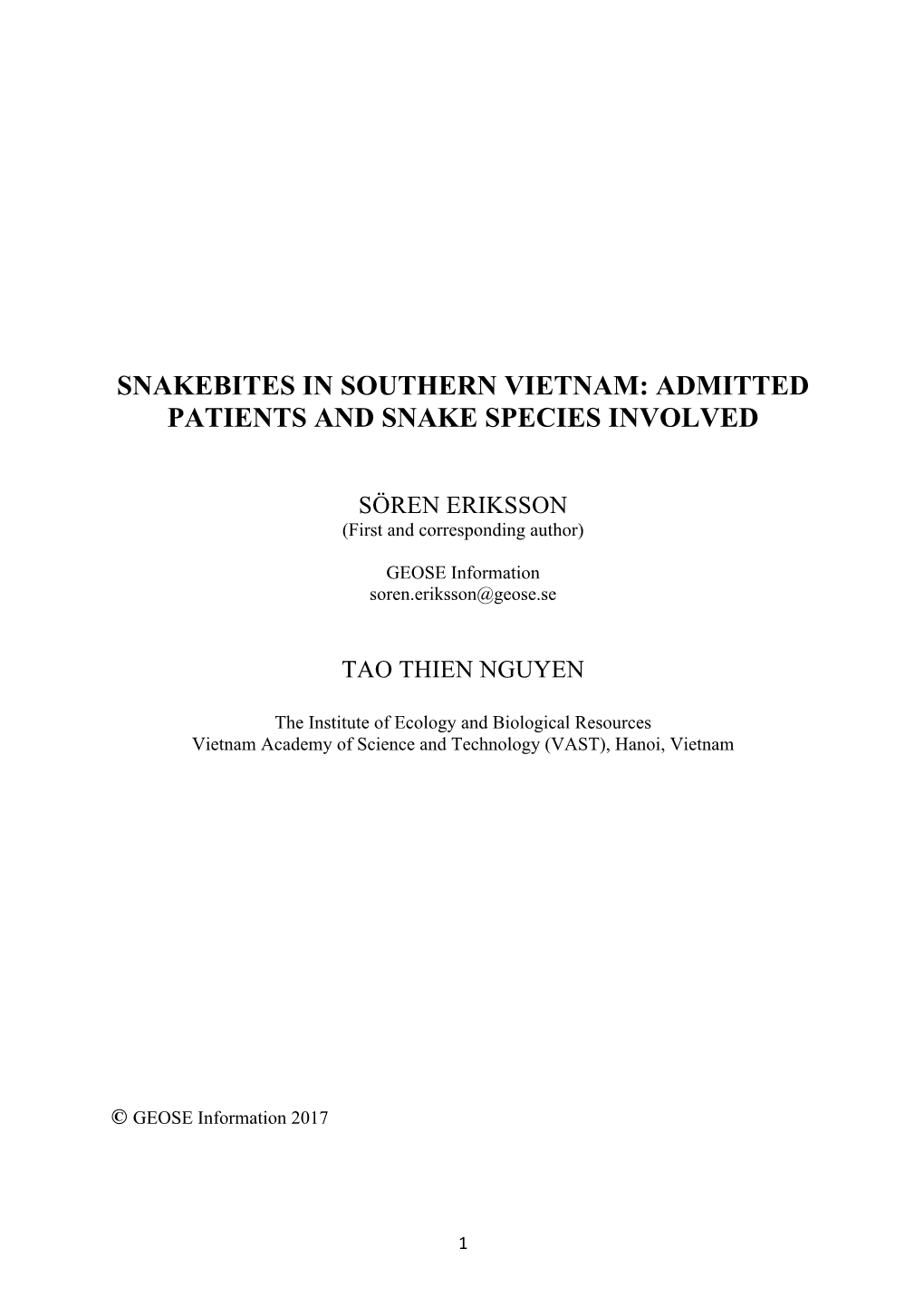 Snakebites in Southern Vietnam: Admitted Patients and Snake Species Involved