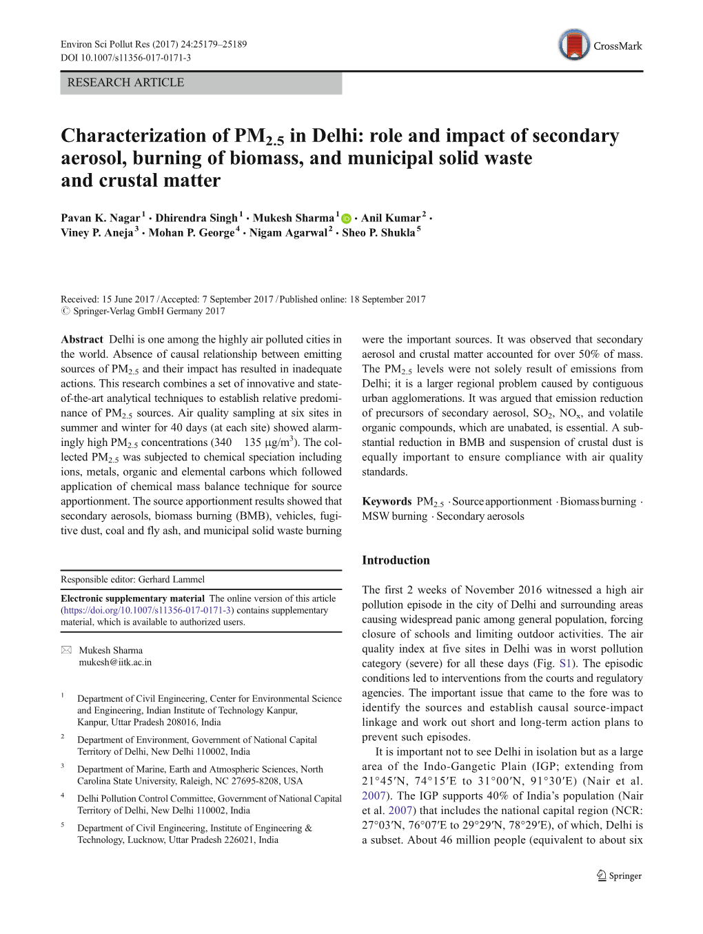 Characterization of PM2.5 in Delhi: Role and Impact of Secondary Aerosol, Burning of Biomass, and Municipal Solid Waste and Crustal Matter