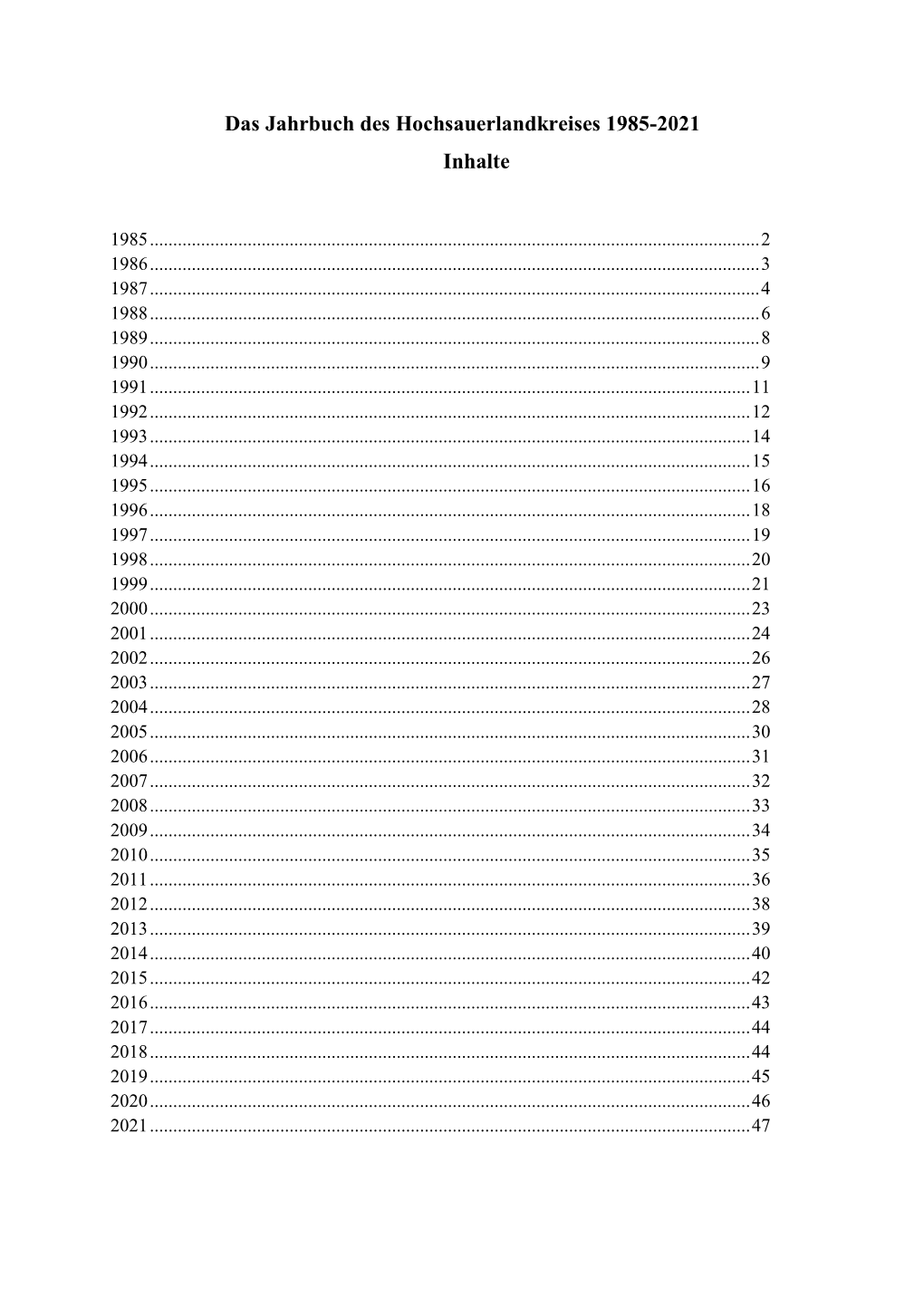 Das Jahrbuch Des Hochsauerlandkreises 1985-2021 Inhalte