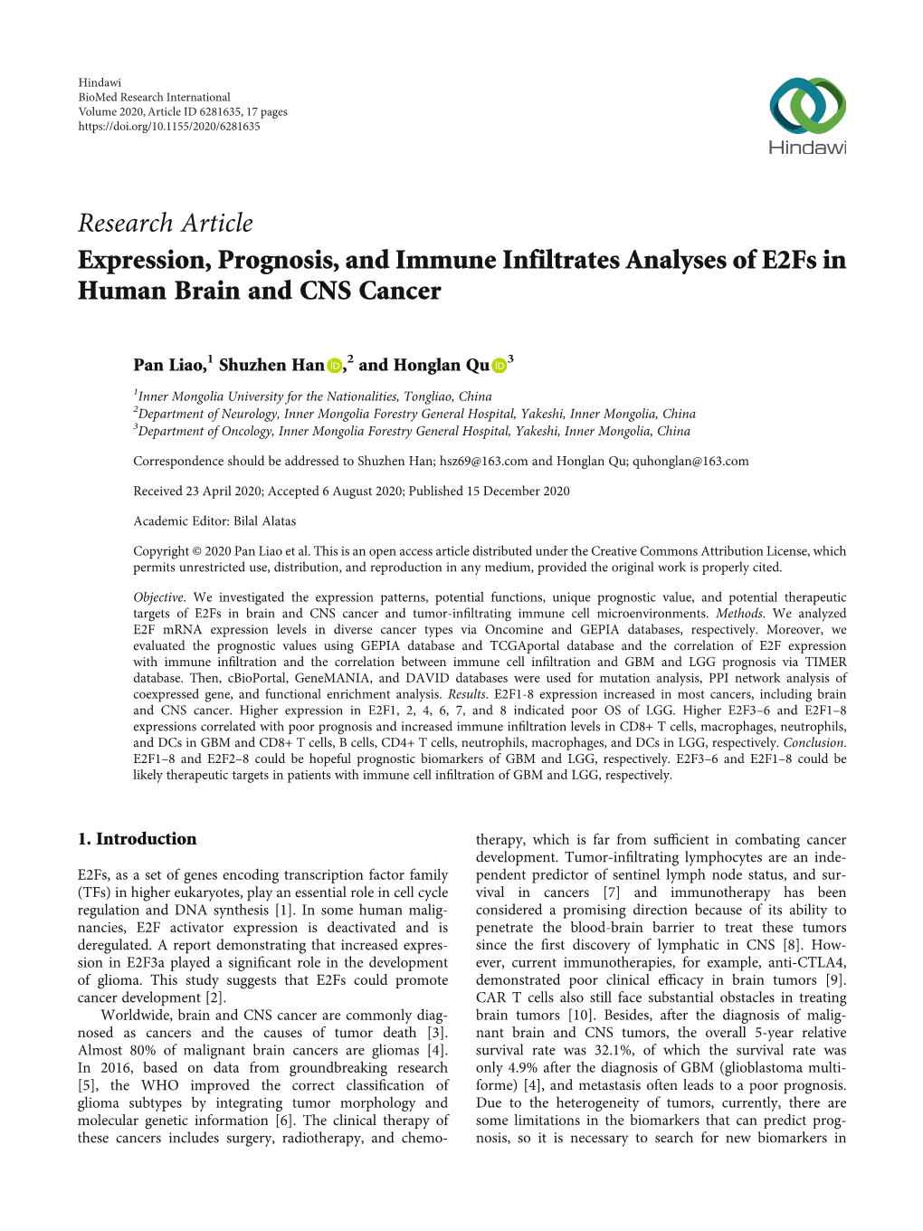 Expression, Prognosis, and Immune Infiltrates Analyses of E2fs in Human Brain and CNS Cancer