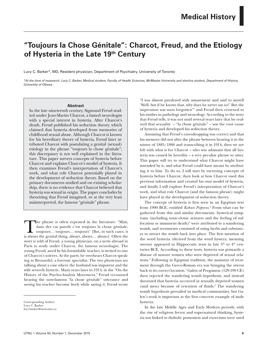 “Toujours La Chose Génitale”: Charcot, Freud, and the Etiology of Hysteria in the Late 19Th Century Medical History