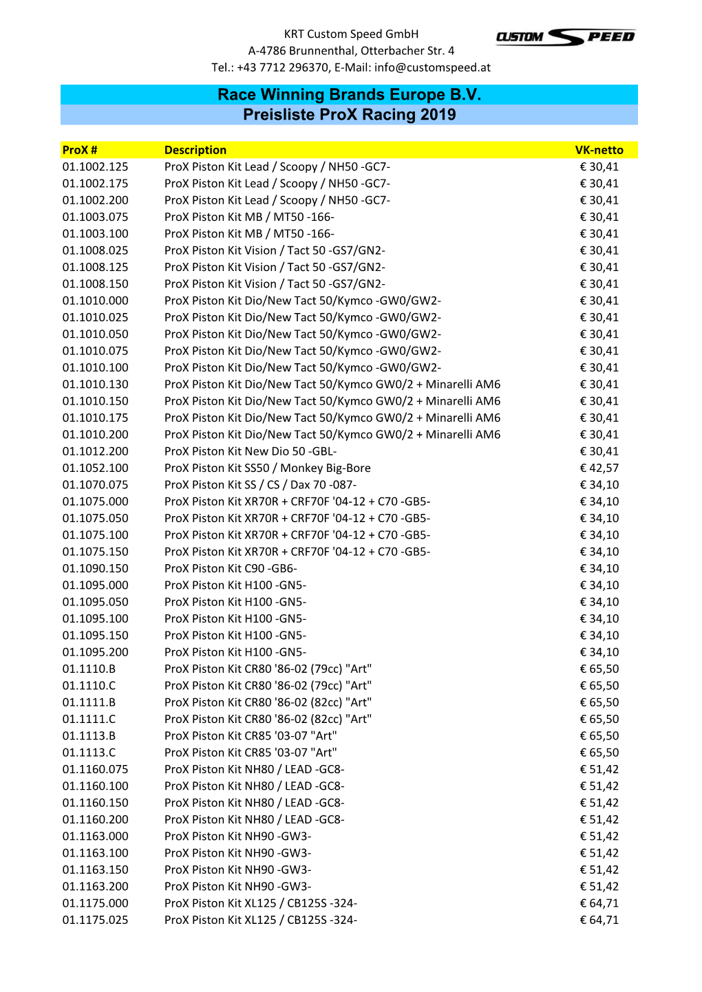 Preisliste Prox Racing 2019 Race Winning Brands Europe B.V