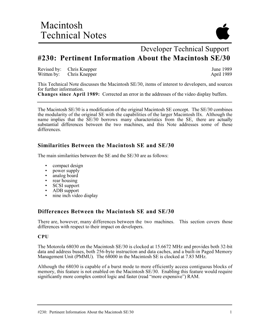 Pertinent Information About the Macintosh SE/30