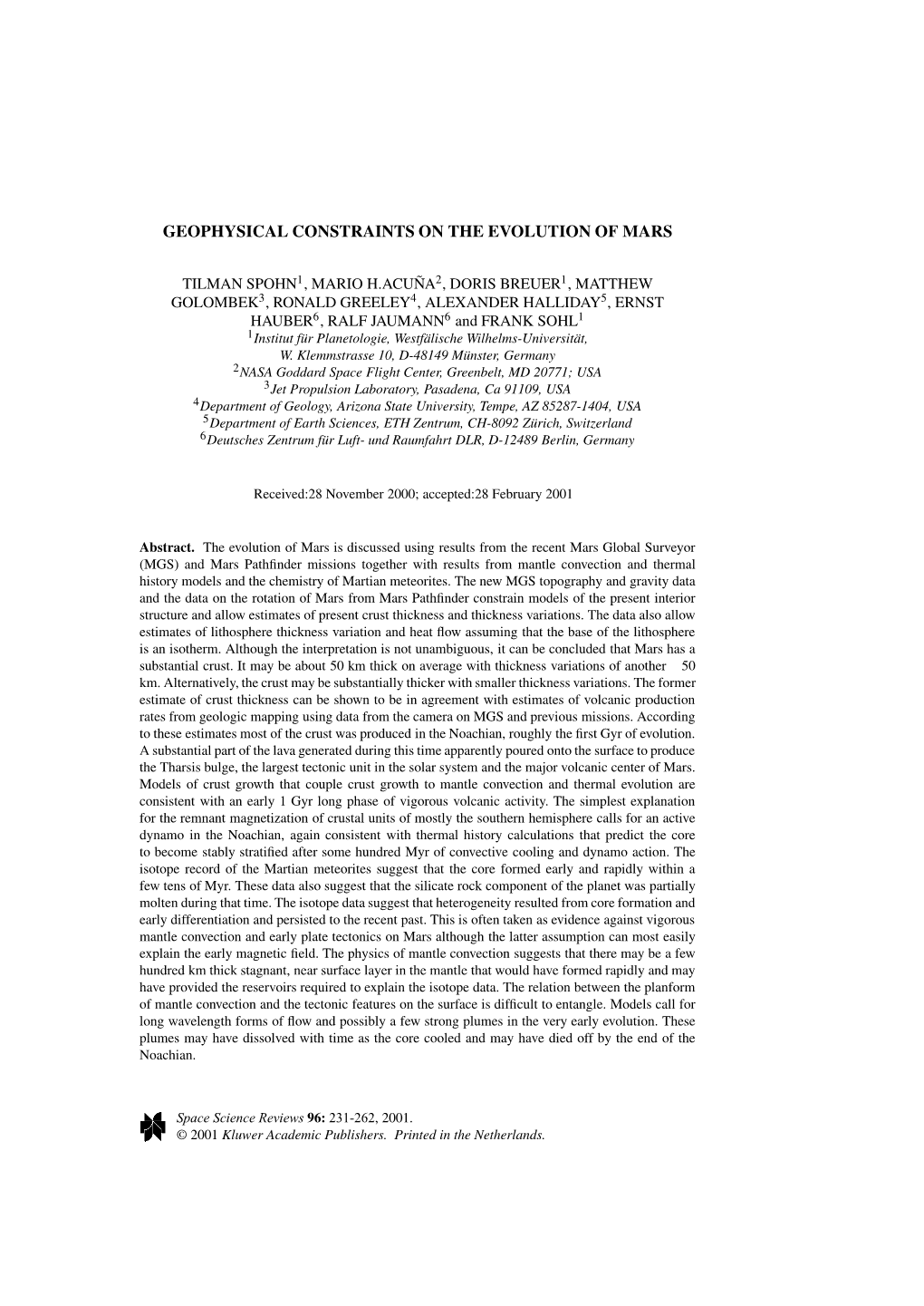 Geophysical Constraints on the Evolution of Mars