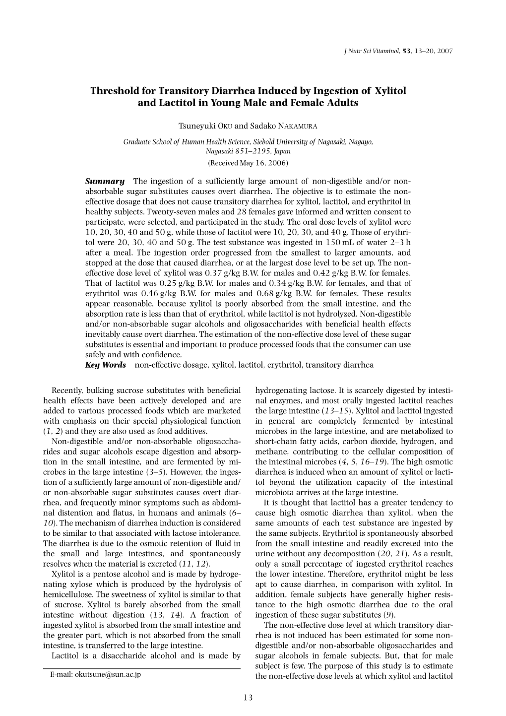 Threshold for Transitory Diarrhea Induced by Ingestion of Xylitol and Lactitol in Young Male and Female Adults