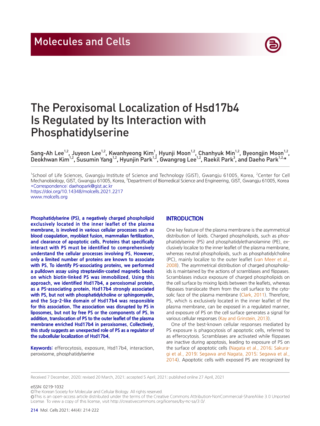 The Peroxisomal Localization of Hsd17b4 Is Regulated by Its Interaction with Phosphatidylserine