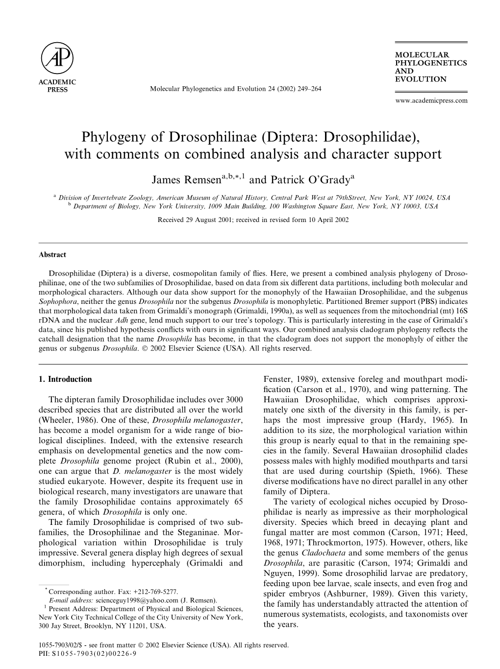 Diptera: Drosophilidae), with Comments on Combined Analysis and Character Support