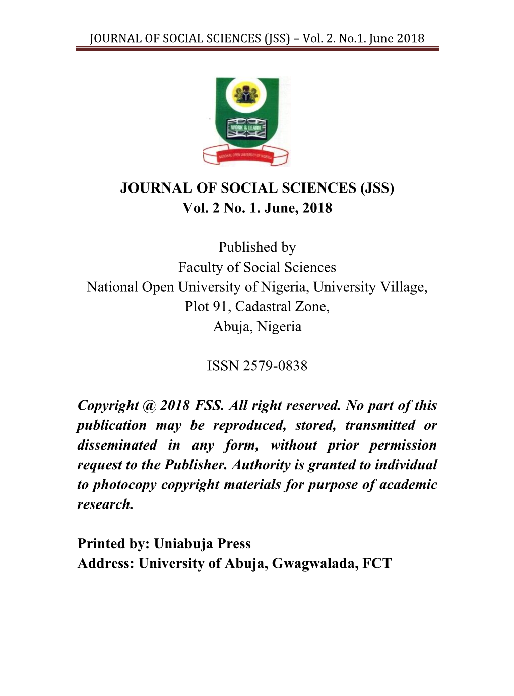 JOURNAL of SOCIAL SCIENCES (JSS) – Vol. 2. No.1. June 2018