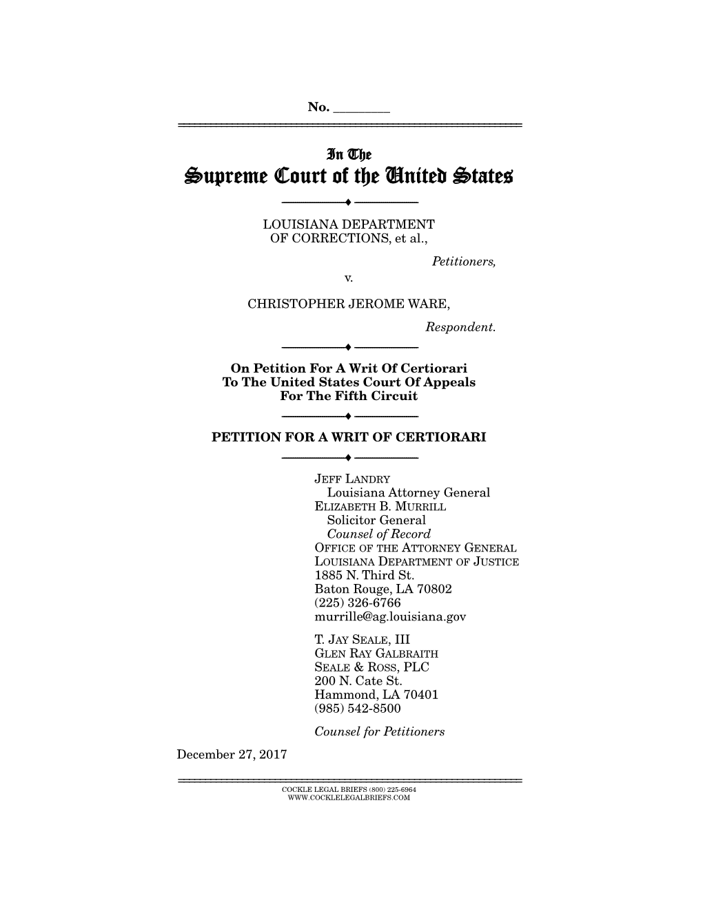 Supreme Court of the United States ------ ------LOUISIANA DEPARTMENT of CORRECTIONS, Et Al., Petitioners, V