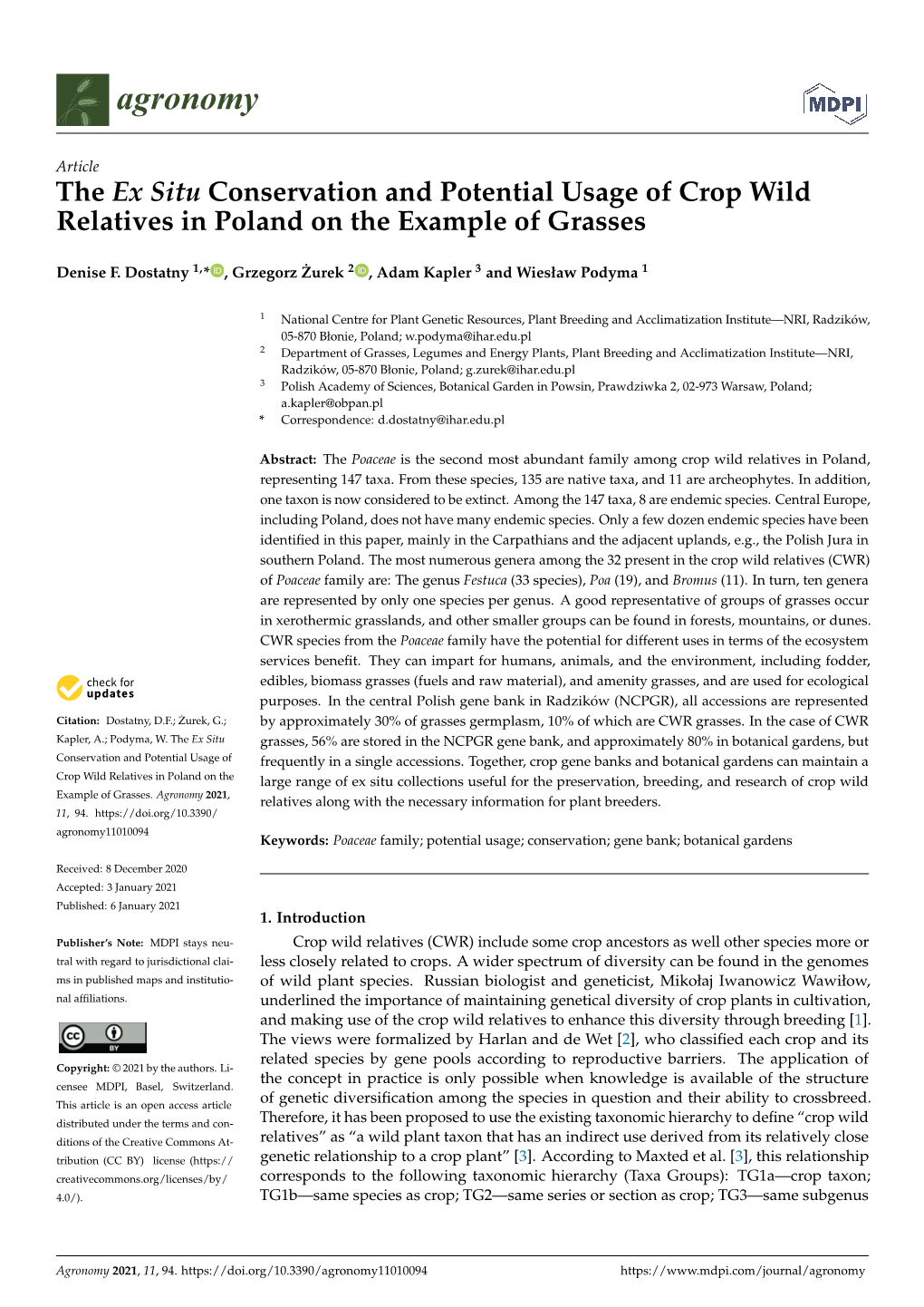 The Ex Situ Conservation and Potential Usage of Crop Wild Relatives in Poland on the Example of Grasses