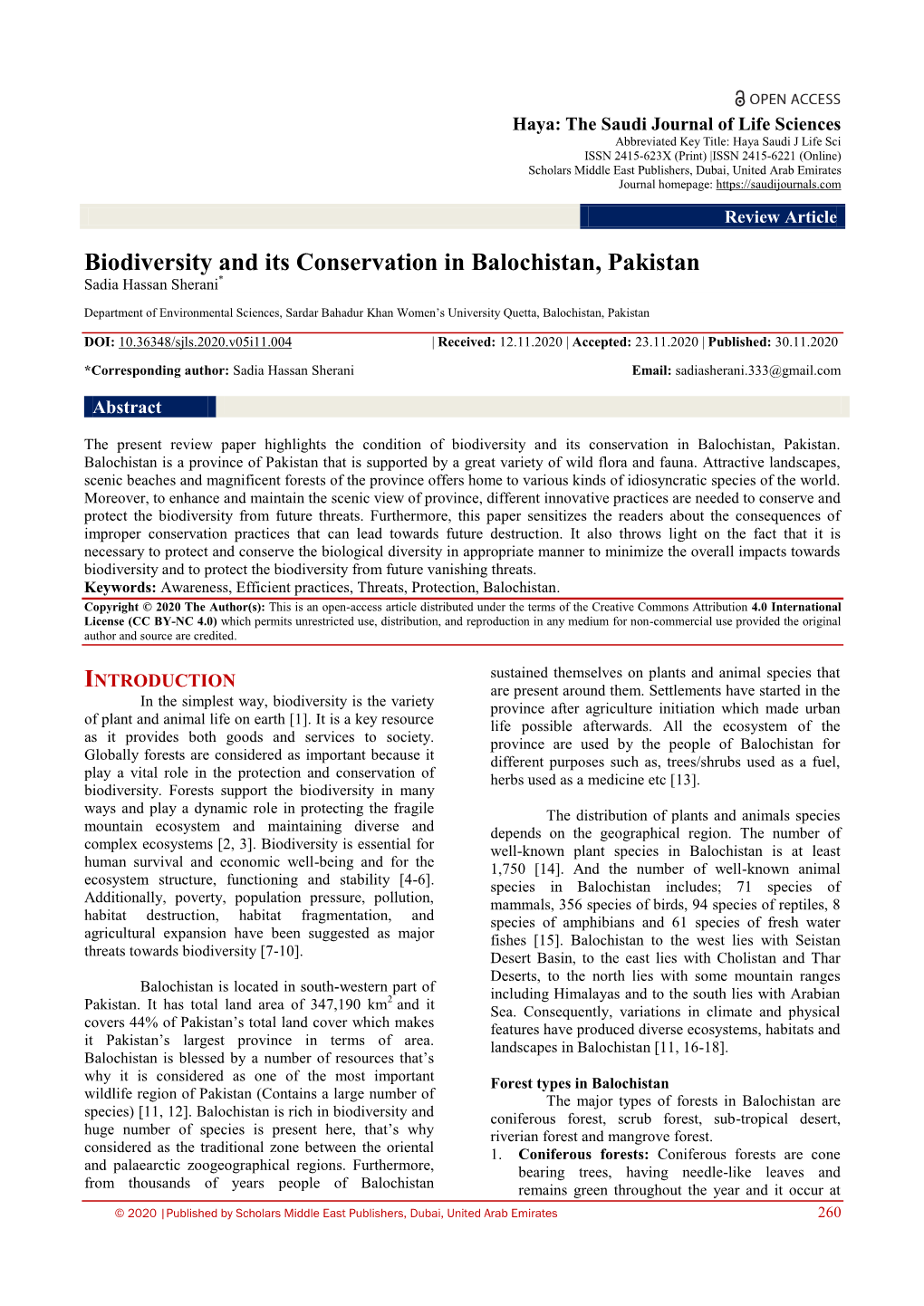 Biodiversity and Its Conservation in Balochistan, Pakistan Sadia Hassan Sherani*